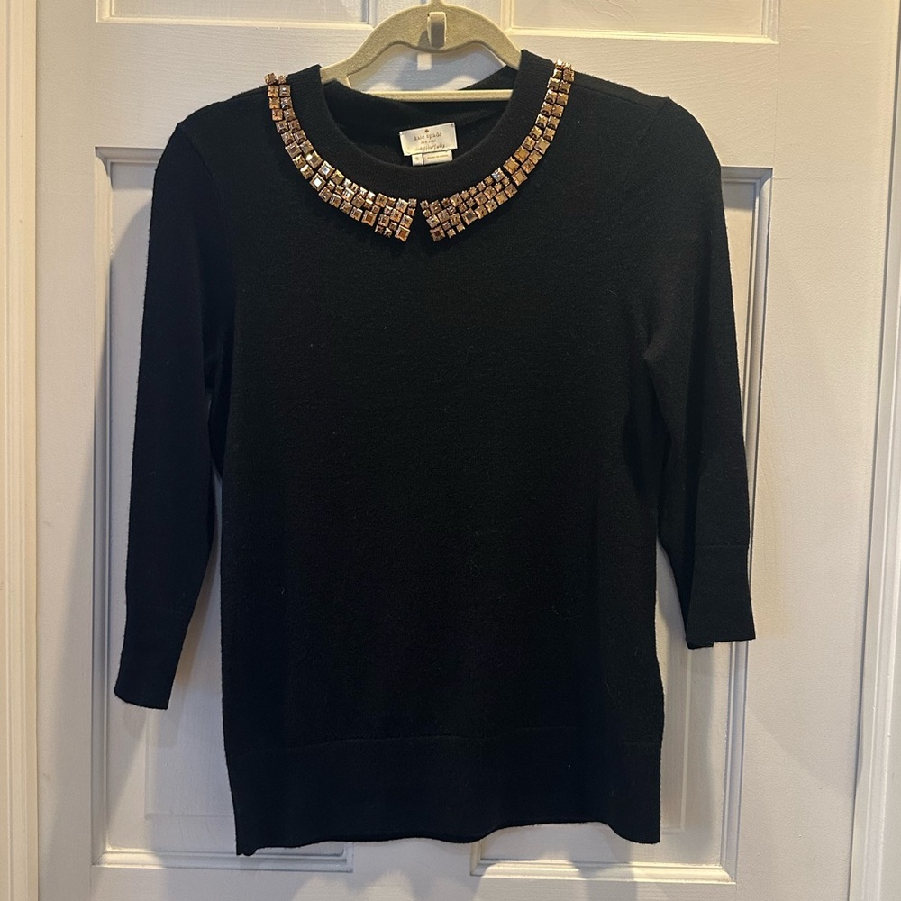 EUC Kate Spade Avaline Bejeweled Mock Crewneck Sweater Wool Cashmere Black Sz S